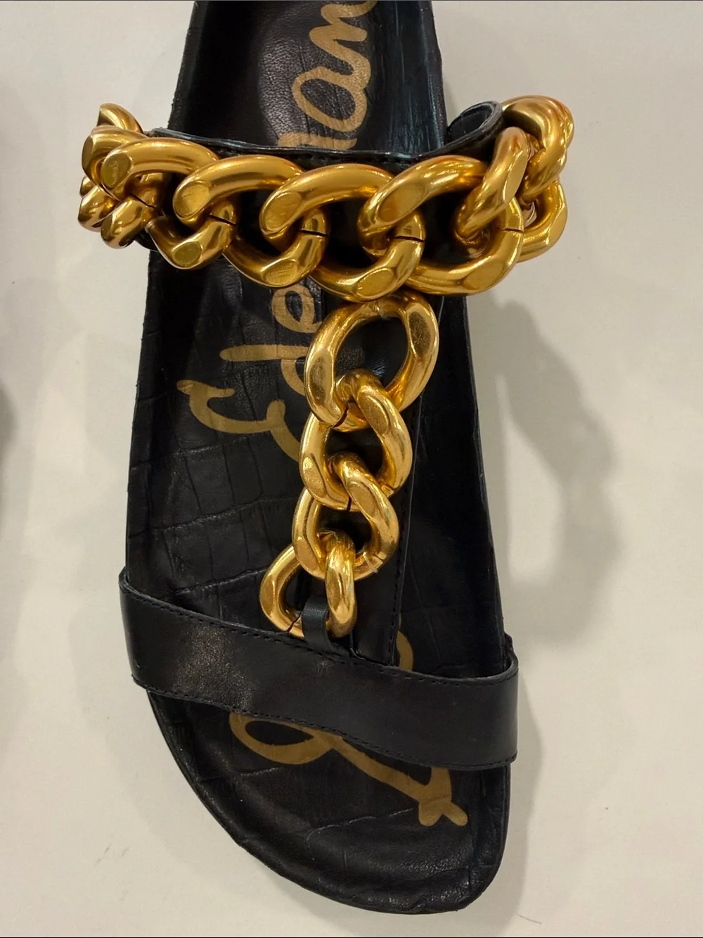 Sam Edelman Black Leather Slide Sandals with Gold Chain Trim - Picture 4 of 6